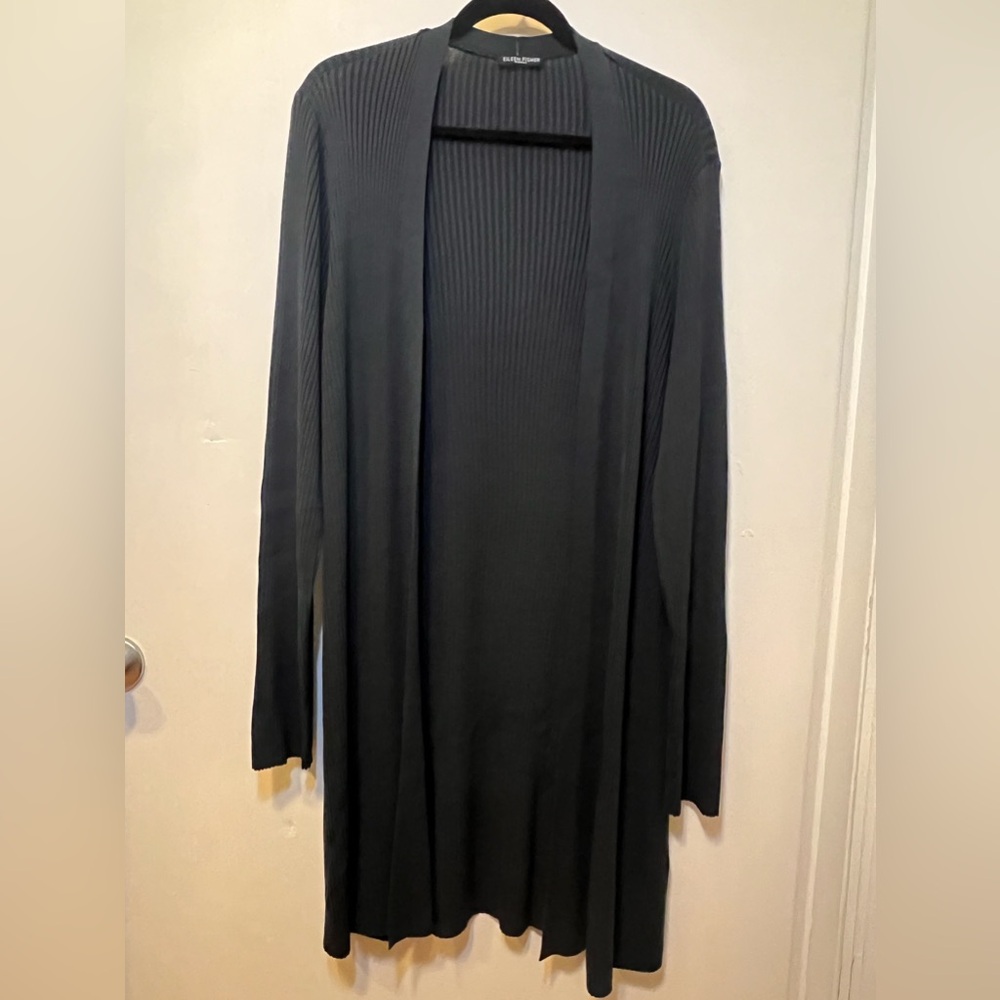 Eileen Fisher Rib Knit Long Open Front Cardigan Tencel Lyocell Charcoal Gray 1X